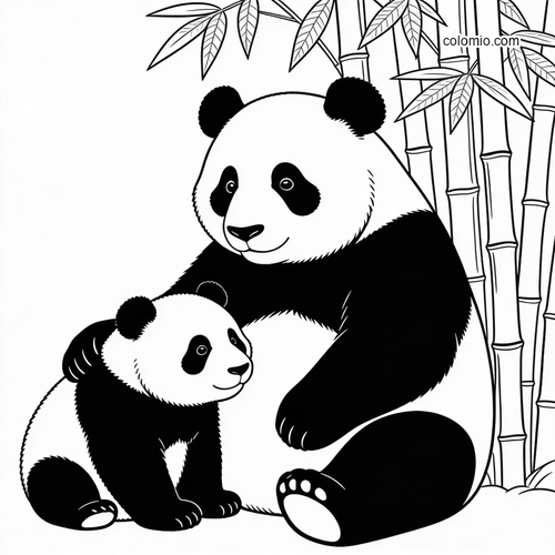 En pandamor koser med ungen sin i kanten av en bambuslund.