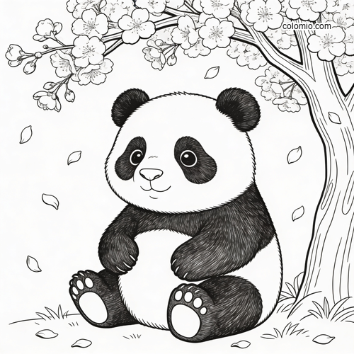 En rolig panda sitter under greiner fulle av kirsebærblomster.