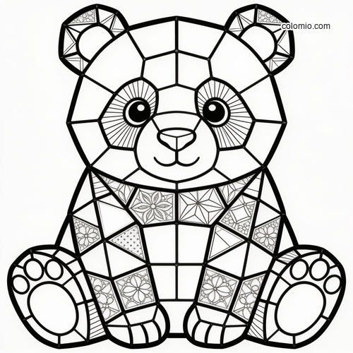 En panda i et glassmaleri med mosaikkfelter som kan fargelegges.