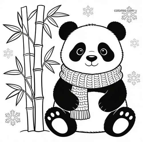 En koselig panda har på seg et varmt skjerf mens snøfnugg daler ned.
