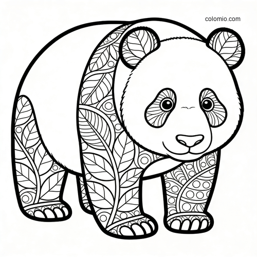 En panda i zentangle-stil fylt med detaljerte bladmønstre.