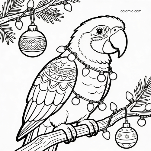 Svartvit målarbild av en tropisk papegoja på en gren, omgiven av julbelysning, julgranskulor och barrkvistar. Svartvit målarbild av en tropisk papegoja på en gren, omgiven av julbelysning, julgranskulor och barrkvistar.