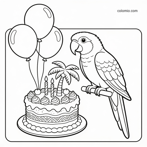 Svartvit målarbild med en papegoja på en sittpinne bredvid en tårta med ljus, ballonger och en liten palm. Svartvit målarbild med en papegoja på en sittpinne bredvid en tårta med ljus, ballonger och en liten palm.