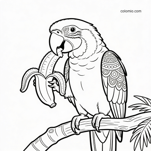 En detaljerad svartvit papegoja sitter på en gren och håller i en skalad banan medan den äter, med mönstrade vingfjädrar. En detaljerad svartvit papegoja sitter på en gren och håller i en skalad banan medan den äter, med mönstrade vingfjädrar.
