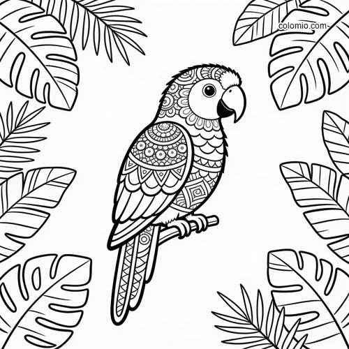 En svartvit mandalapapegoja sitter på en gren omgiven av stora tropiska blad och har detaljerade mönster på fjädrarna. En svartvit mandalapapegoja sitter på en gren omgiven av stora tropiska blad och har detaljerade mönster på fjädrarna.