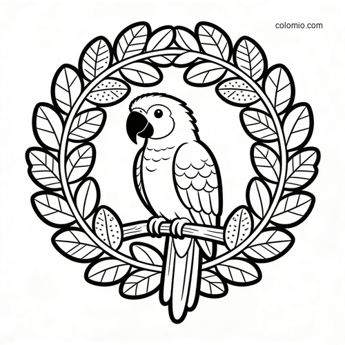 Svartvit målarbild av en papegoja som sitter på en gren inuti en cirkulär krans av blad i enkel konturteckning. Svartvit målarbild av en papegoja som sitter på en gren inuti en cirkulär krans av blad i enkel konturteckning.