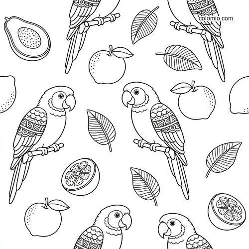 Svartvitt upprepat mönster med papegojor på grenar, apelsiner, citrusskivor och blad. Svartvitt upprepat mönster med papegojor på grenar, apelsiner, citrusskivor och blad.