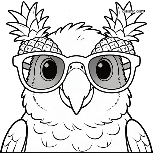 Närbild av en papegoja som bär stora glasögon med ananaser ovanpå, tecknad i enkel svartvit cartoonstil. Närbild av en papegoja som bär stora glasögon med ananaser ovanpå, tecknad i enkel svartvit cartoonstil.