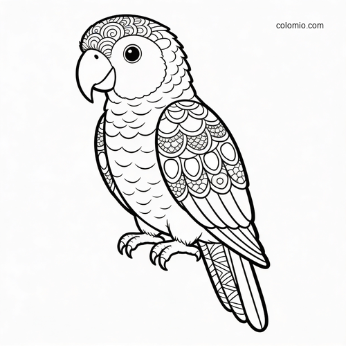 Svartvit illustration av en papegoja i sidovy med zentanglemönstrade fjädrar samt detaljerade mönster på vinge och stjärt. Svartvit illustration av en papegoja i sidovy med zentanglemönstrade fjädrar samt detaljerade mönster på vinge och stjärt.