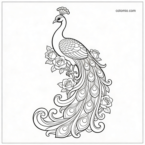 An elegant Art Nouveau peacock with a long flowing tail, surrounded by blooming roses in a detailed line art design.