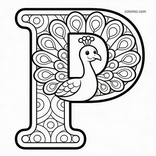A large decorative letter P with a smiling cartoon peacock in front, surrounded by simple feather and circle patterns.