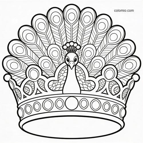 Black-and-white printable peacock crown template with a centered peacock, fan tail feathers, and decorative jewel shapes.