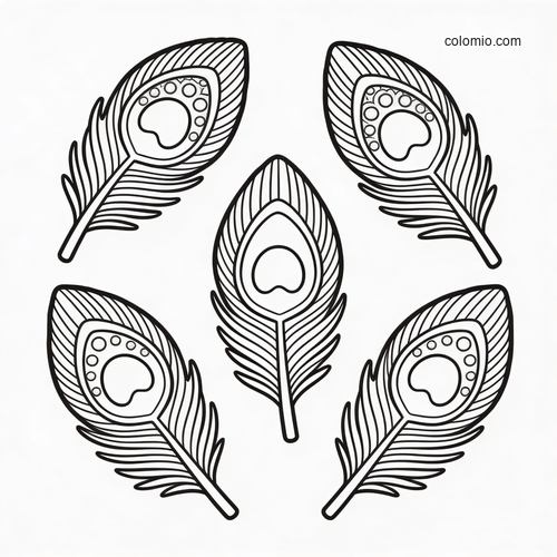 Black-and-white counting worksheet showing five peacock feathers with simple outlined details for kids to color.