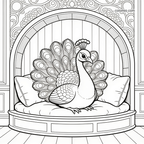A peacock sits on a cushioned reading nook bench beneath an ornate arch, with its tail feathers fanned behind it.