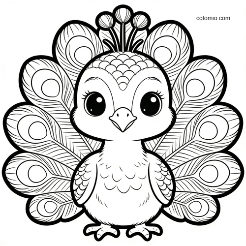 A cute baby peacock portrait with big eyes and a spread tail of simple patterned feathers in black and white line art.