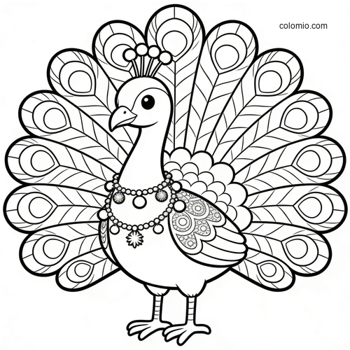 Black-and-white festive peacock standing front-facing with a wide tail fan and decorative holiday-style garland necklace.