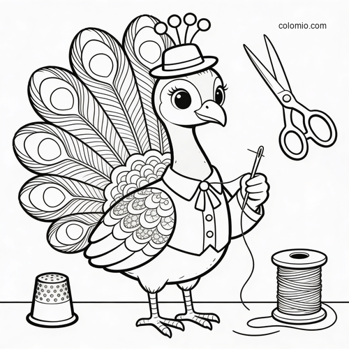 A cute cartoon peacock dressed like a fashion designer, holding a needle and thread with scissors and a spool nearby.