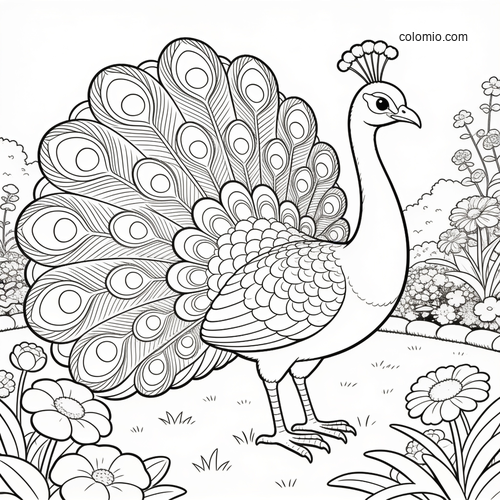 A peacock with its tail fully fanned stands in a flower-filled garden panorama, drawn in detailed black-and-white line art.