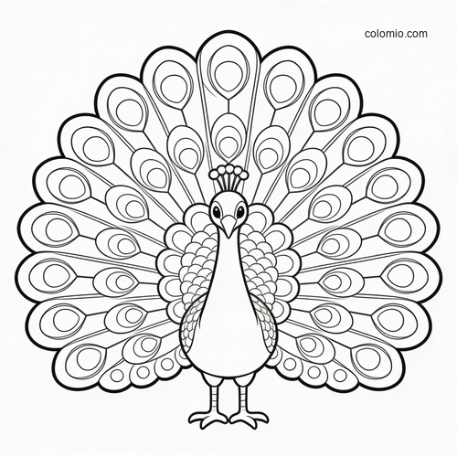 Front-facing peacock with a large symmetrical tail spread in a simple black-and-white centerpiece design.