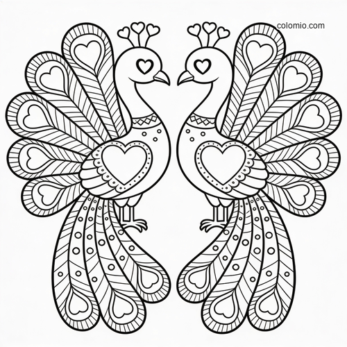 Black-and-white line art of a symmetrical heart-themed peacock pair with heart shapes in the feathers and bodies.