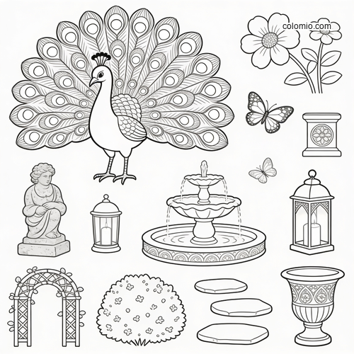 A detailed peacock with a fanned tail stands among hidden garden objects like flowers, lanterns, a fountain, and statues.