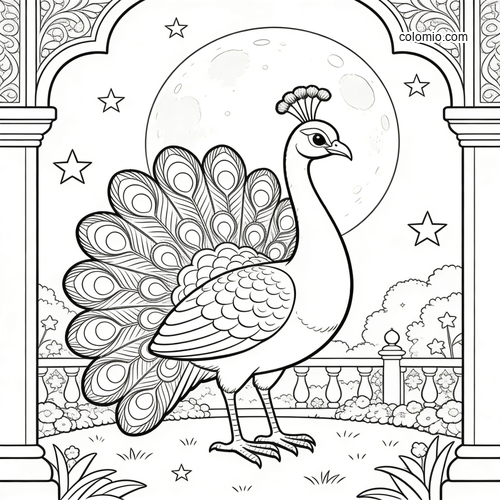 A peacock standing in a royal garden at night, framed by arches with a large moon and stars behind it.