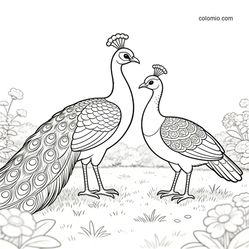 A peacock and peahen pair standing in a garden with flowers and grass, drawn in a clean black-and-white outline style.