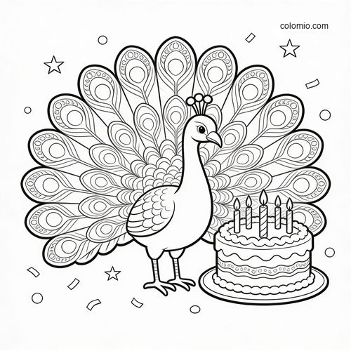 A peacock with a wide patterned tail stands beside a birthday cake with candles, surrounded by stars and confetti.