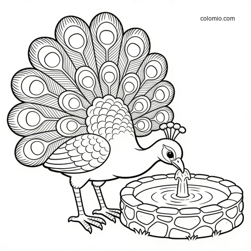 A detailed peacock with a fully spread tail drinks from a small stone fountain in a black-and-white line drawing.