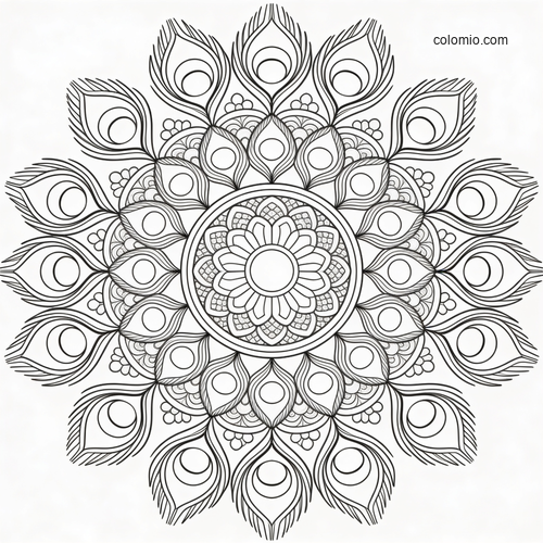 Black-and-white mandala made of peacock eye feathers arranged in a circular floral pattern with detailed line art.