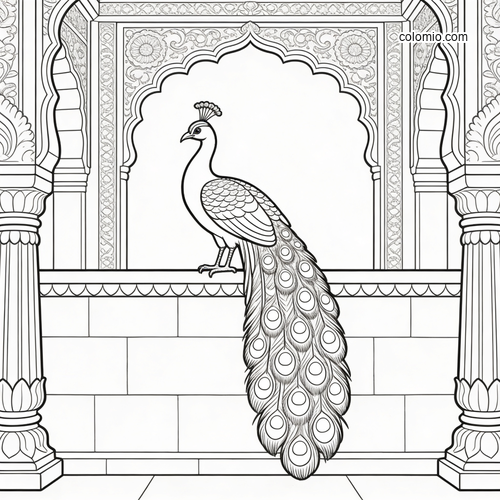 A peacock perched on a temple wall beneath an ornate arch, drawn in detailed black and white line art.