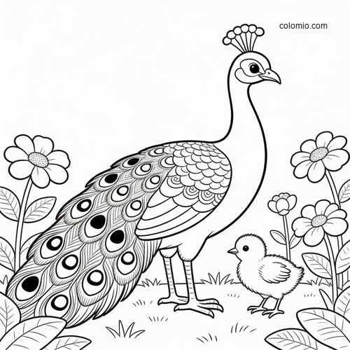 A peacock parent stands beside a fluffy chick in a flower garden, drawn in clean black-and-white line art.