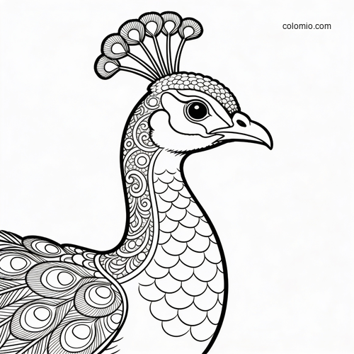 Black-and-white detailed peacock in side profile with ornate neck patterns, crest feathers, and layered body scales.