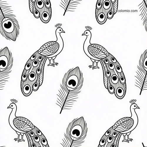 Black-and-white repeat tile pattern with peacocks and large eye-shaped feathers arranged across the page.