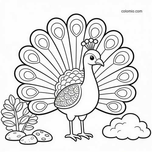 A simple cartoon peacock with a fanned tail stands beside a leafy bush, stones, and a fluffy cloud outline.