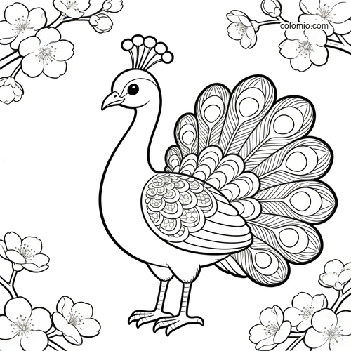 A peacock with a fan-shaped tail stands framed by spring blossoms in a clean black-and-white line art design.