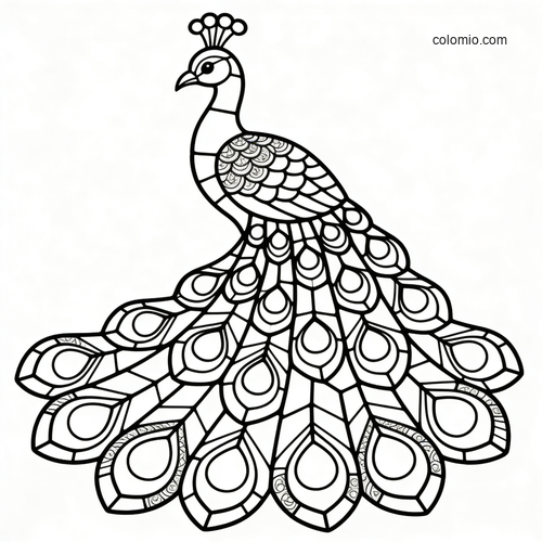 A peacock with a wide fanned tail drawn in a stained glass mosaic style with bold outlined feather sections.