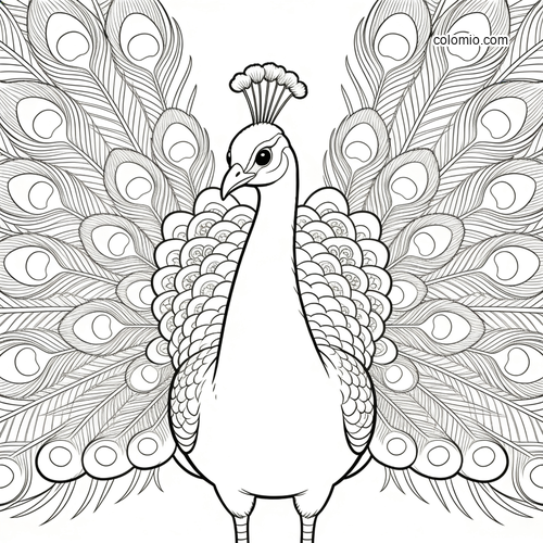 Front-facing white peacock with a wide fan tail, shown in an elegant detailed line art style for coloring.