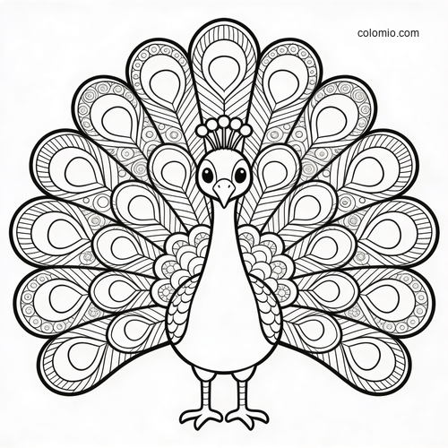 Black-and-white zentangle peacock standing front-facing with a full tail fan of patterned feathers.