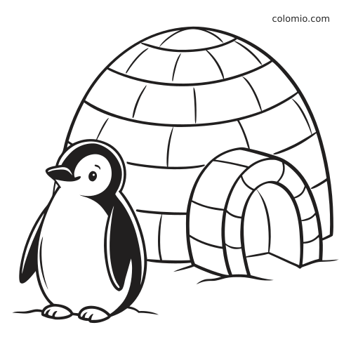 Pingwin w kreskówkowym stylu stoi na śniegu przed dużym igloo, narysowany grubymi, prostymi konturami.