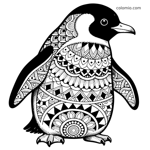 Czarno-biały pingwin stojący przodem, wypełniony złożonymi wzorami zentangle i dekoracyjnymi detalami.
