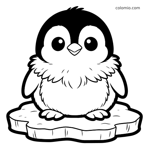 Pörröinen pingviinin poikanen seisoo jäälautalla, ja kuvassa näkyvät suuret pyöreät silmät sekä selkeät mustat ääriviivat.