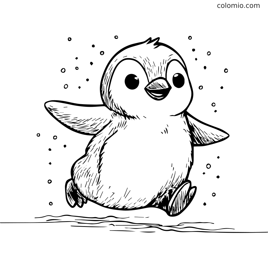 Iloinen pingviini, joka iloisesti vaeltaa jäällä, lumihiutaleiden ympäröimänä.