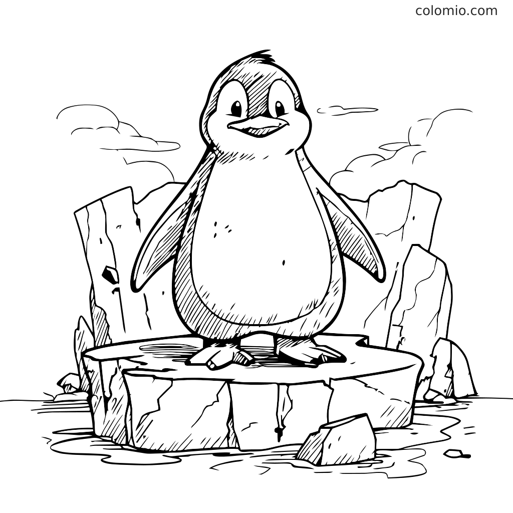 Iloinen pingviini seisoo jäävuorella, veden ja kivien ympäröimänä, valmis väritettäväksi.