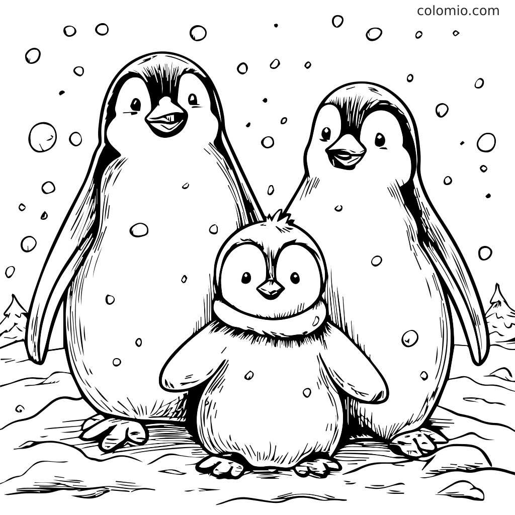 Une famille de trois pingouins se tenant ensemble dans la neige, parfaite pour colorier.