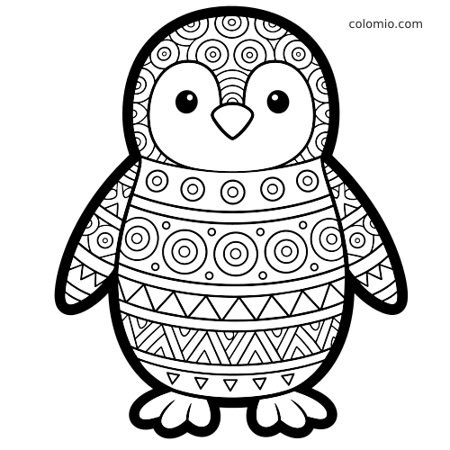 Pingwin widziany od przodu, wypełniony wyraźnymi wzorami zentangle z kół i trójkątów w prostym, symetrycznym układzie.