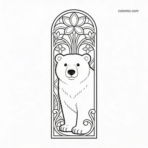 En elegant isbjørn i jugendstil indrammet af isede blomsterlinjer. En elegant isbjørn i jugendstil indrammet af isede blomsterlinjer.