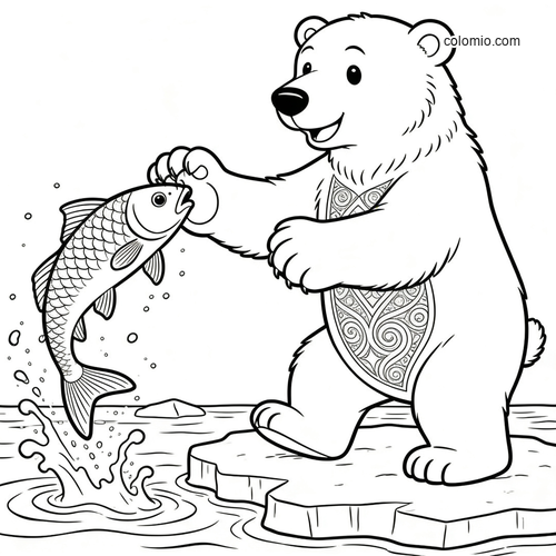 En isbjørn fanger en fisk fra et hul i isen. En isbjørn fanger en fisk fra et hul i isen.