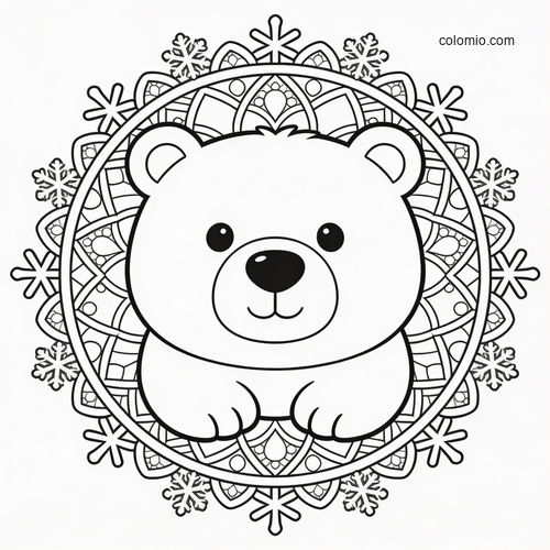 En isbjørn i midten af en mandala af snefnug. En isbjørn i midten af en mandala af snefnug.
