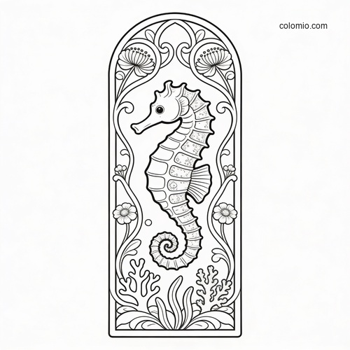 An Art Nouveau seahorse framed by flowing sea florals, coral, and curved decorative lines in a black-and-white design. An Art Nouveau seahorse framed by flowing sea florals, coral, and curved decorative lines in a black-and-white design.